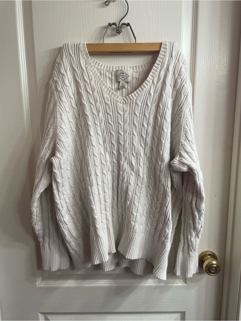 St John’s Bay Women 3XL White Cable Knit V-Neck Sweater Fisherman Minimalist